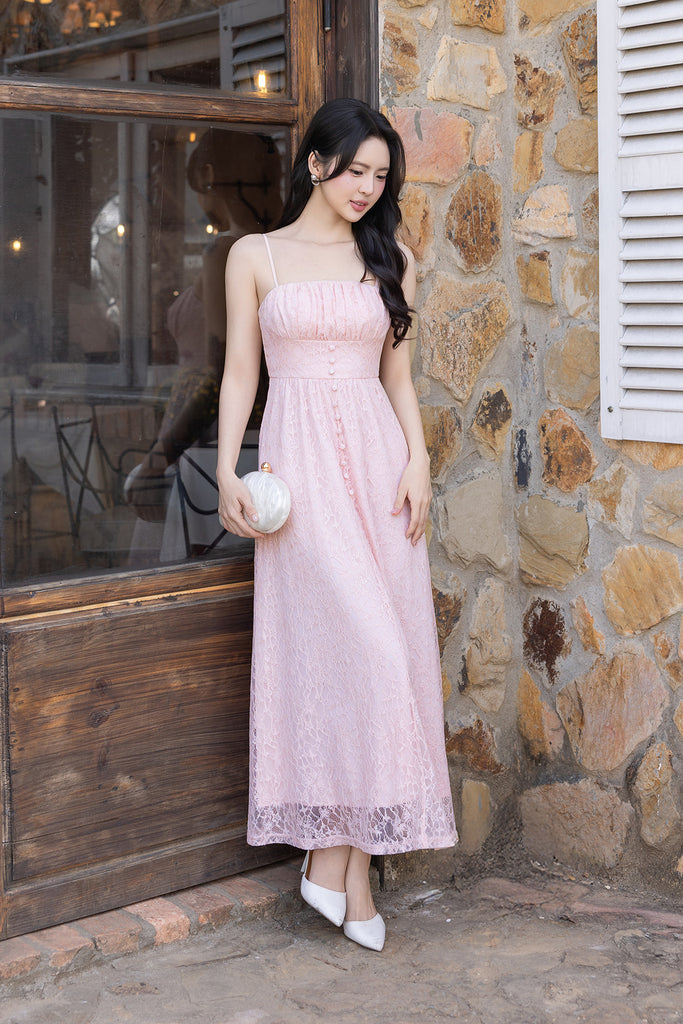 pink lace maxi dress ISADORA PADDED LACE MAXI DRESS IN PINK