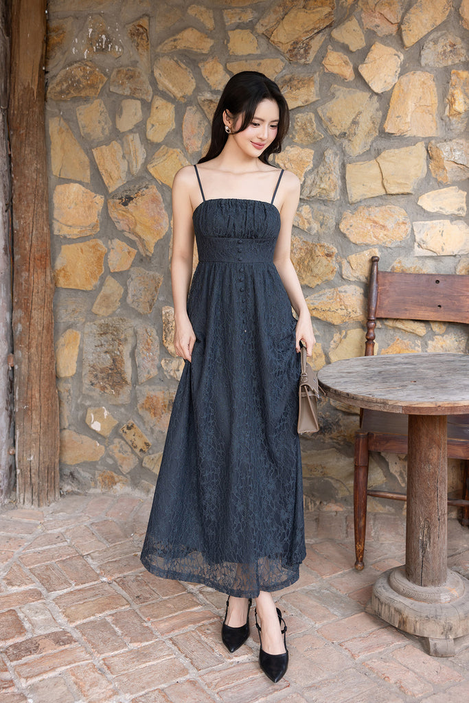 ISADORA PADDED LACE MAXI DRESS IN STEEL ISADORA PADDED LACE MAXI DRESS IN STEEL