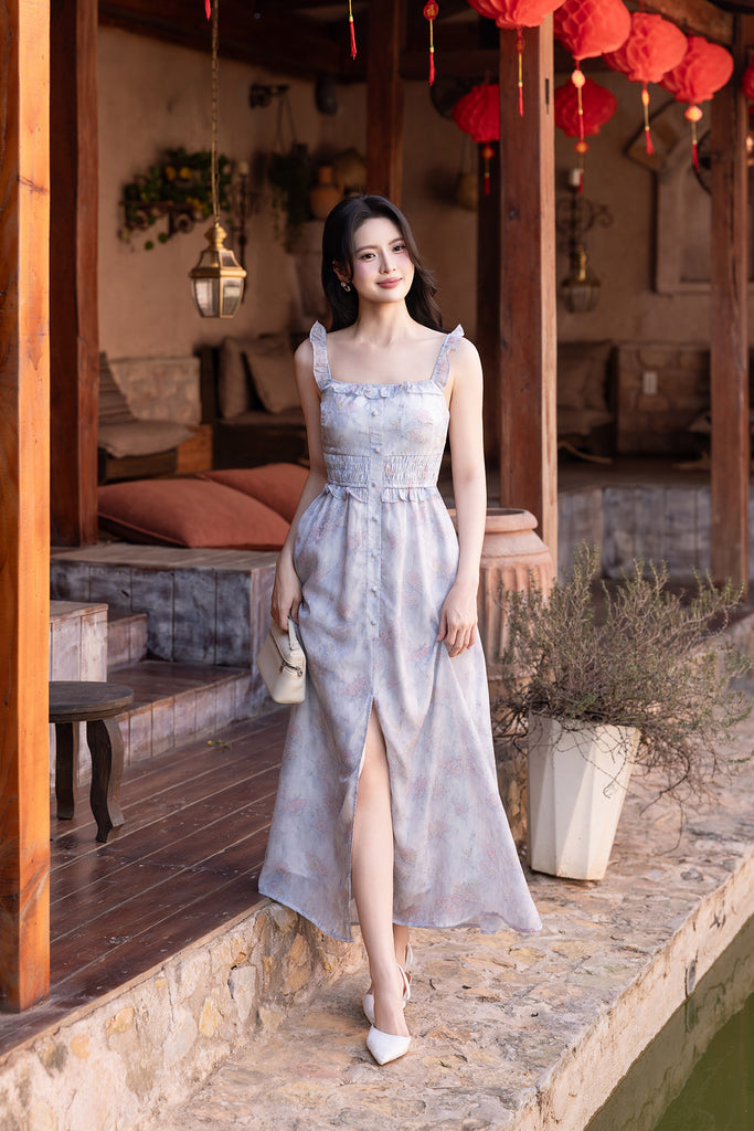 NORIE FLUTTER MAXI DRESS IN BLUE