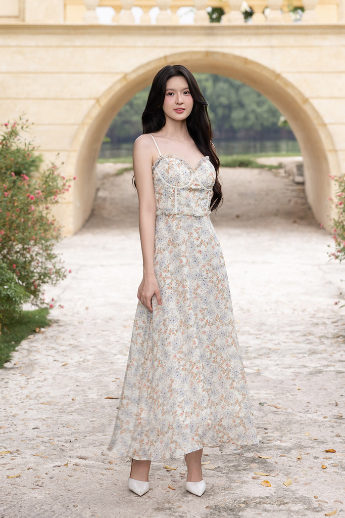 JARDIN PADDED FLORAL MAXI DRESS IN WHITE