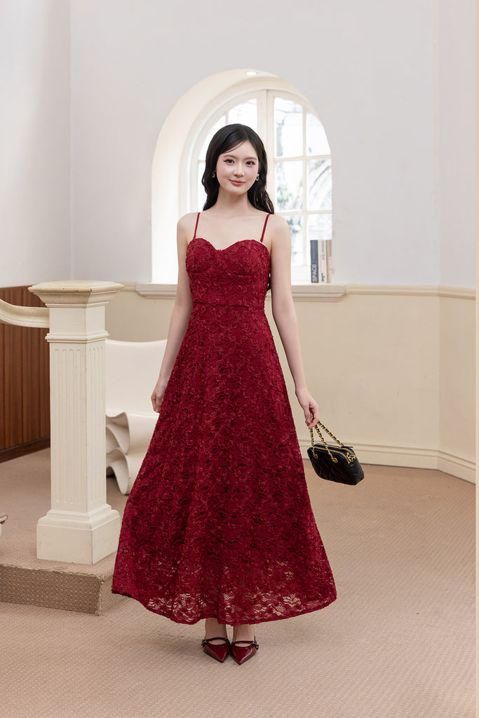 ROSALIE PADDED LACE MAXI DRESS IN WINE | NEONMELLO