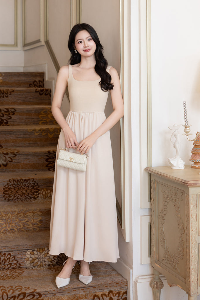 RESTOCKED**LEONIE PADDED RIBBED MAXI DRESS IN BEIGE | NEONMELLO