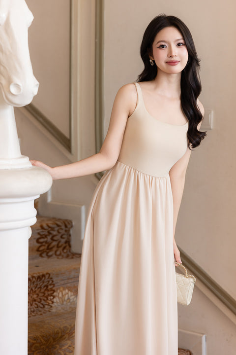 RESTOCKED**LEONIE PADDED RIBBED MAXI DRESS IN BEIGE | NEONMELLO