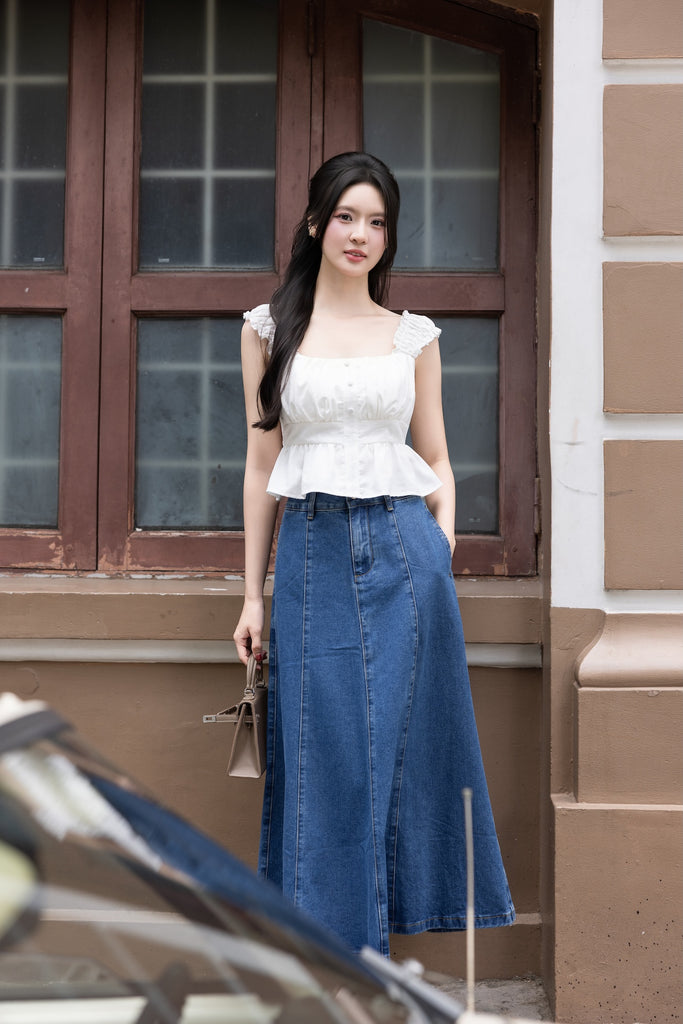 RESTOCKED** HEPBURN DENIM MAXI SKIRT IN DARK | NEONMELLO