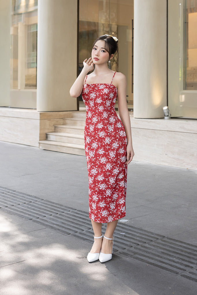 toile midi dress SPRING PETALS TOILE MIDI DRESS IN RED