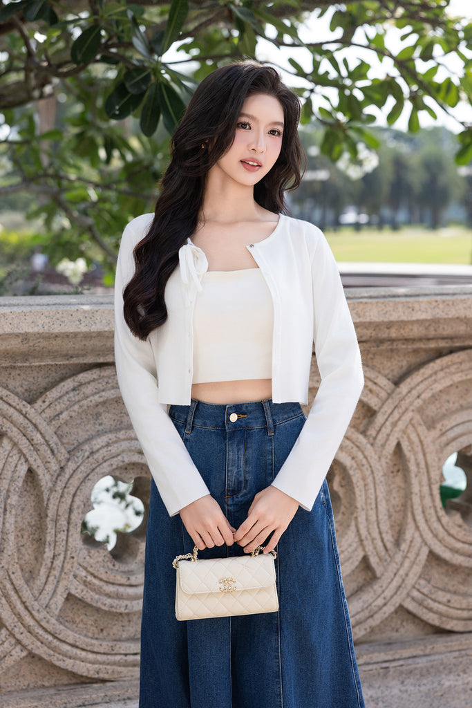VALERIE RIBBON KNIT CARDIGAN IN WHITE