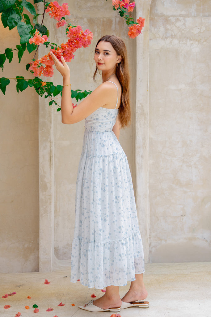 columbia maxi dress FLORAL PADDED IN BLUE Women's Chocolate Satin High Sale/Womens/Dresses Color:Butter Pearl Binding at neck and
