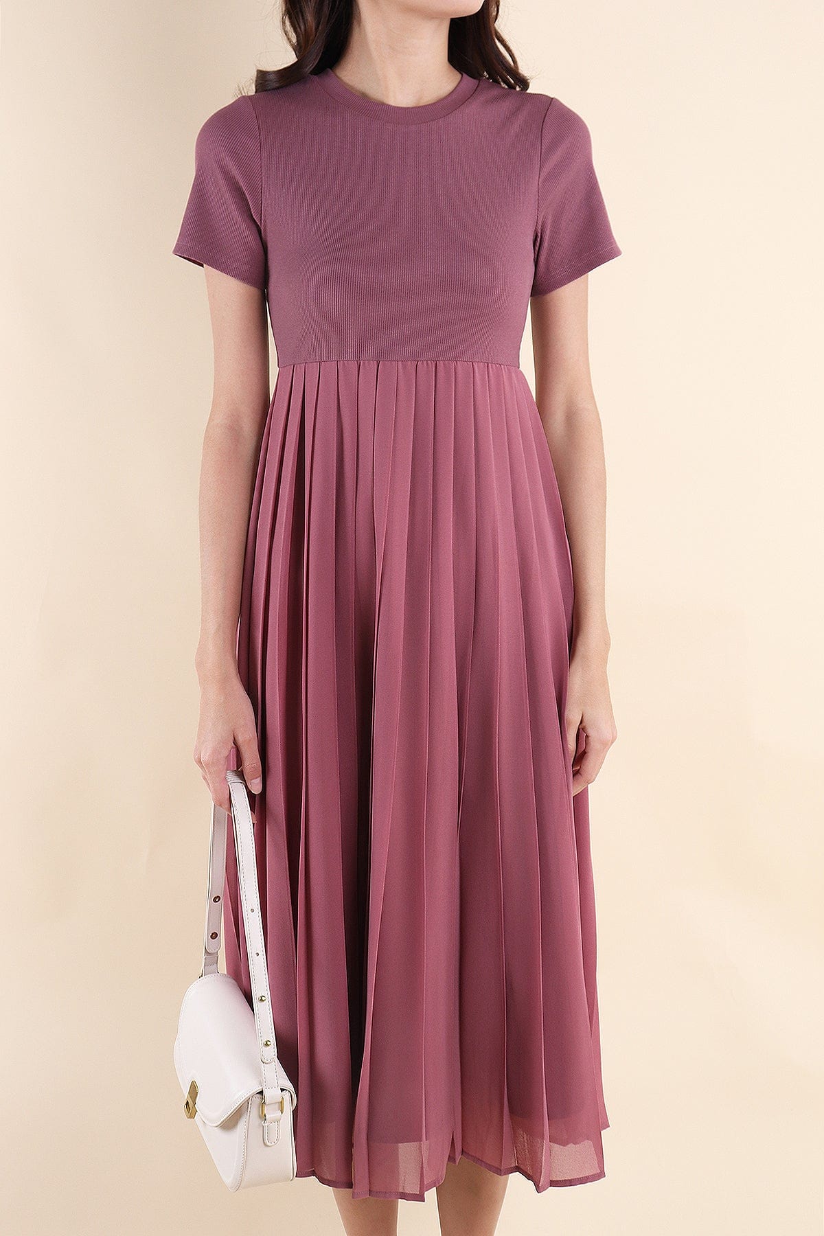 ADISON PLEATS MIDAXI DRESS IN ROSE MAUVE | NEONMELLO