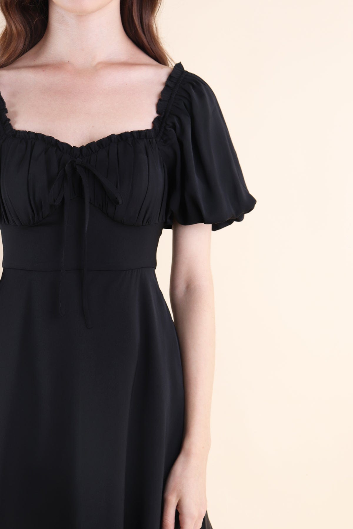 aubrey ruffle dress in black AUBREY PUFF SLEEVE DRESS IN BLACK