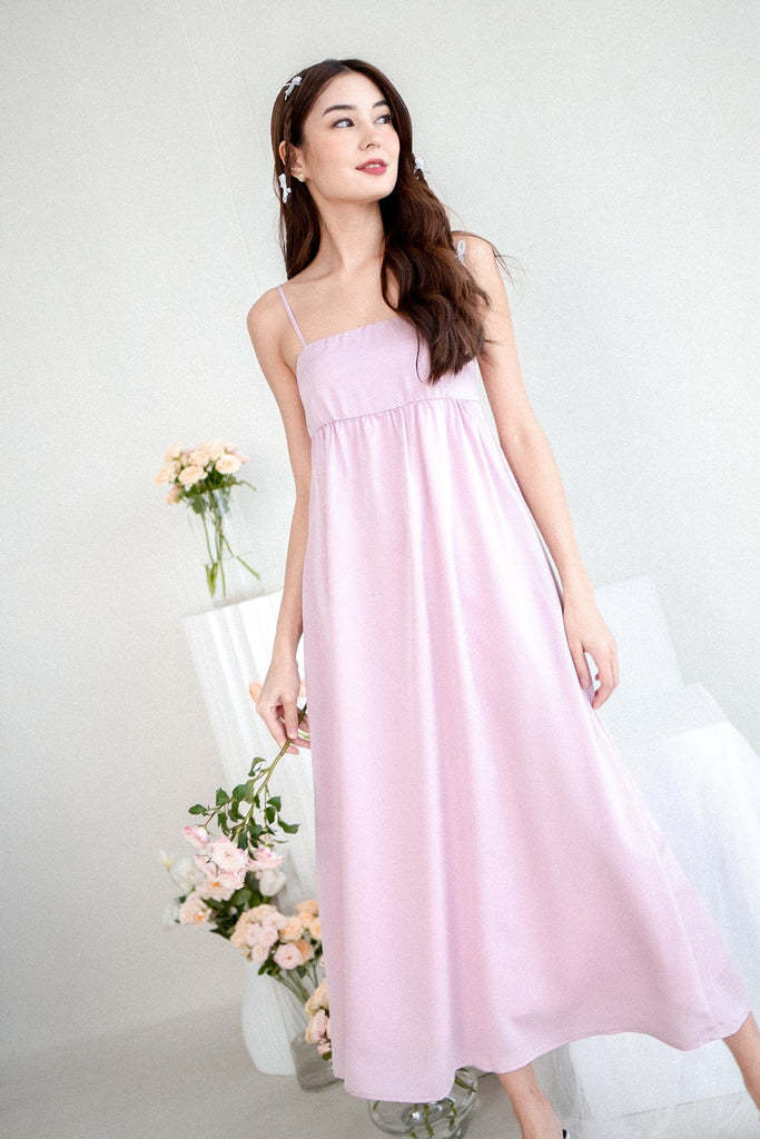 pink babydoll maxi dress ASOS DESIGN Tall ruched bust off shoulder cut out babydoll maxi dress in dusty lilac