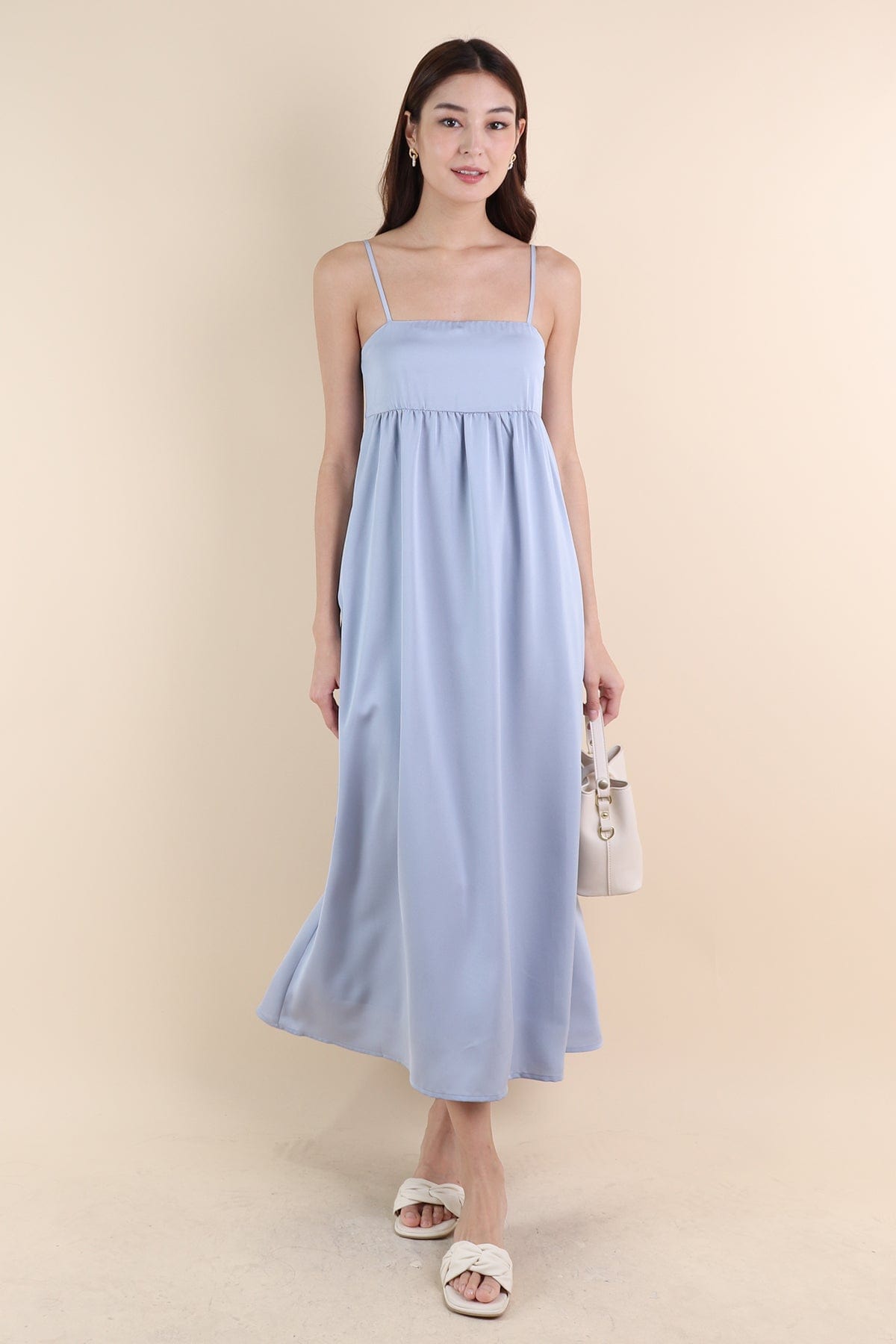 BELLA BABYDOLL SATIN MAXI DRESS IN SEA BLUE | NEONMELLO