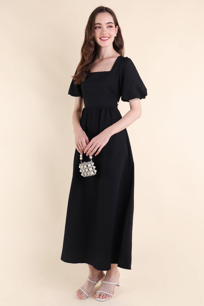 CASS PUFF-SLEEVE TIE-BACK MAXI DRESS IN BLACK | NEONMELLO CASS PUFF-SLEEVE TIE-BACK MAXI DRESS IN BLACK | NEONMELLO