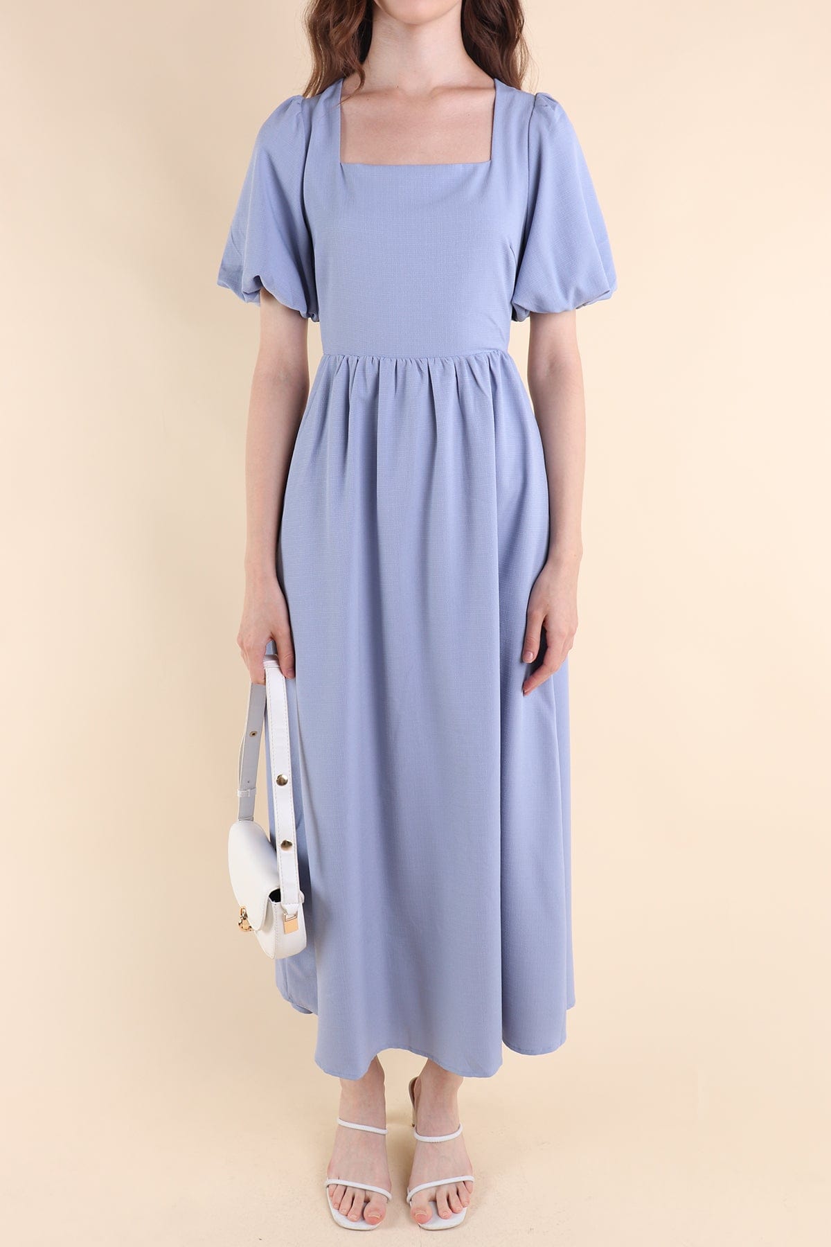 CASS PUFF-SLEEVE TIE-BACK MAXI DRESS IN BLUE