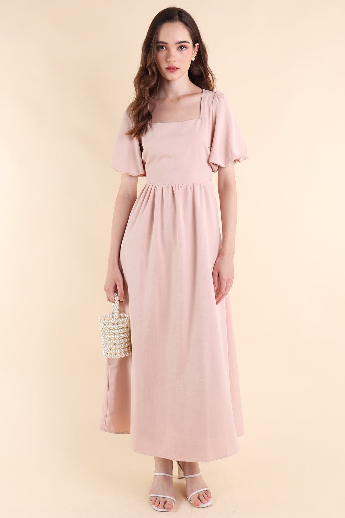 CASS PUFF-SLEEVE TIE-BACK MAXI DRESS IN NUDE PINK | NEONMELLO