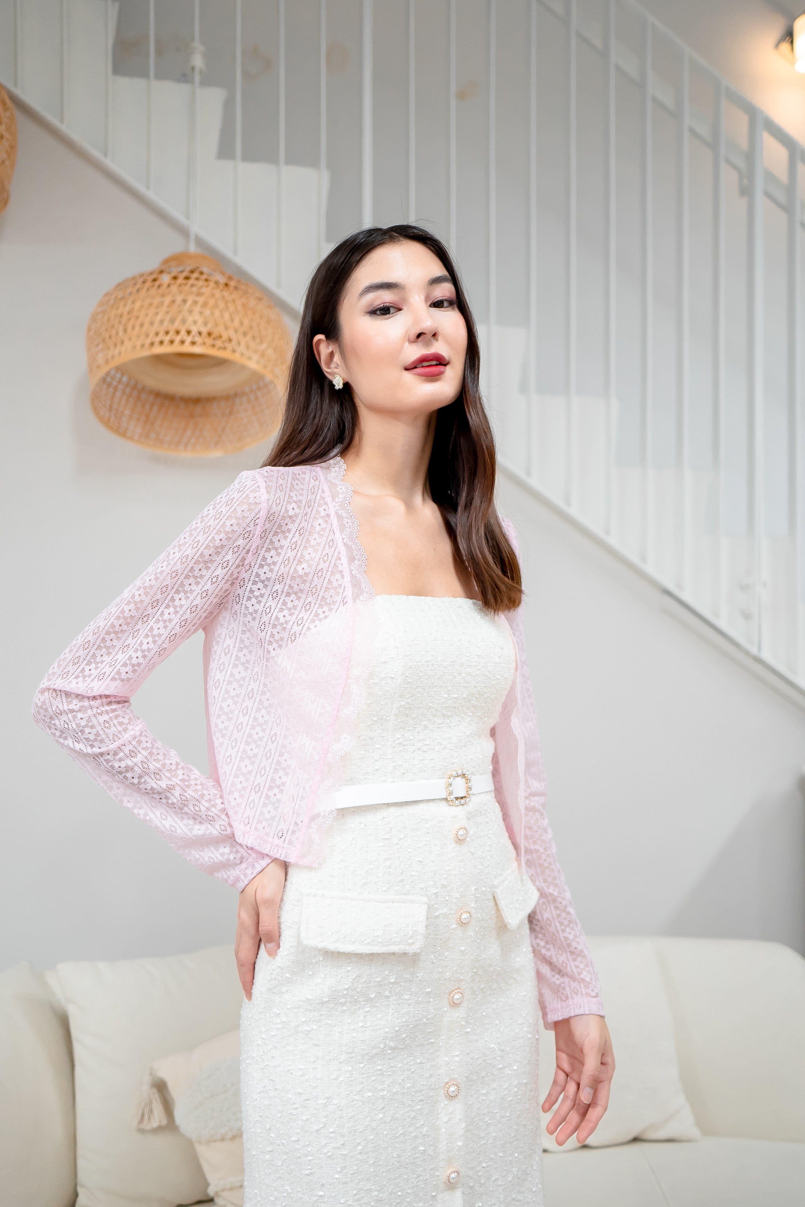 épine lace bare top & cardigan set pink épine - épine lace bare top & cardigan set ピンクの通販 by こん