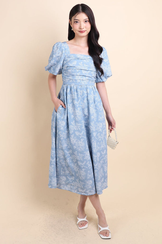 MAYBELLE TOILE RUCHED MIDI DRESS IN DUSTY BLUE | NEONMELLO MAYBELLE TOILE RUCHED MIDI DRESS IN DUSTY BLUE | NEONMELLO