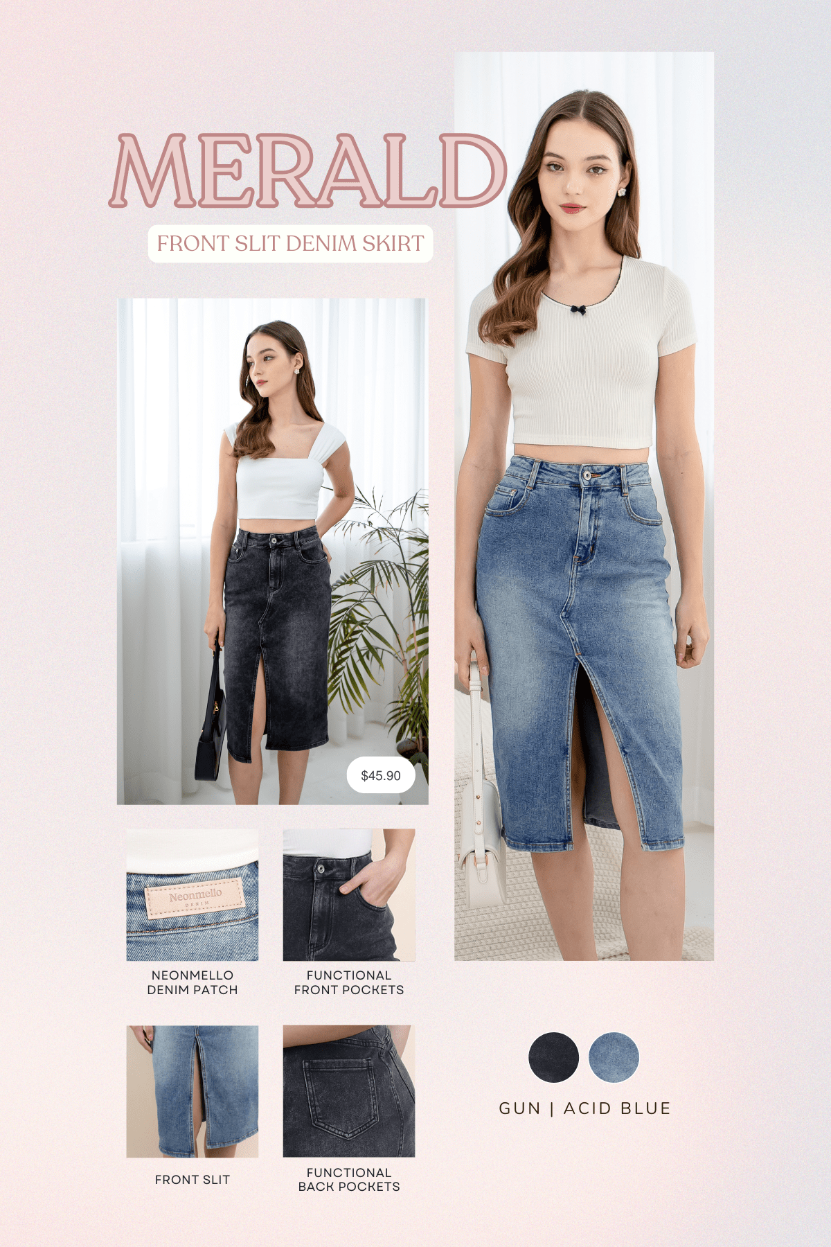 MERALD FRONT SLIT DENIM SKIRT IN GUN | NEONMELLO