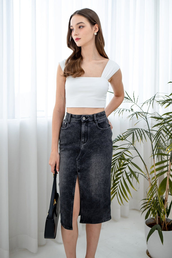 MERALD FRONT SLIT DENIM SKIRT IN GUN | NEONMELLO