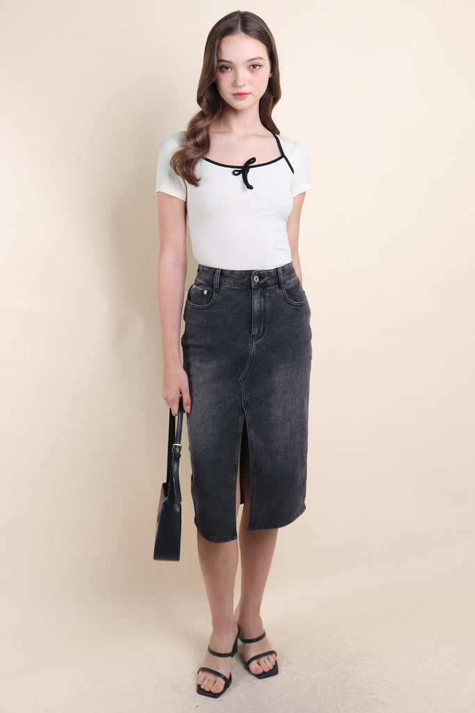 MERALD FRONT SLIT DENIM SKIRT IN GUN | NEONMELLO