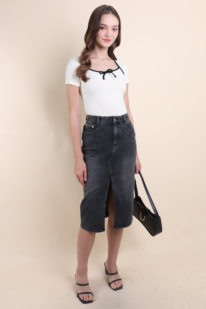 MERALD FRONT SLIT DENIM SKIRT IN GUN | NEONMELLO