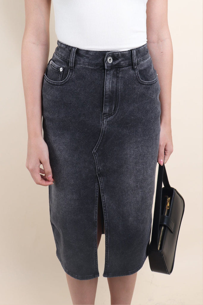 MERALD FRONT SLIT DENIM SKIRT IN GUN | NEONMELLO