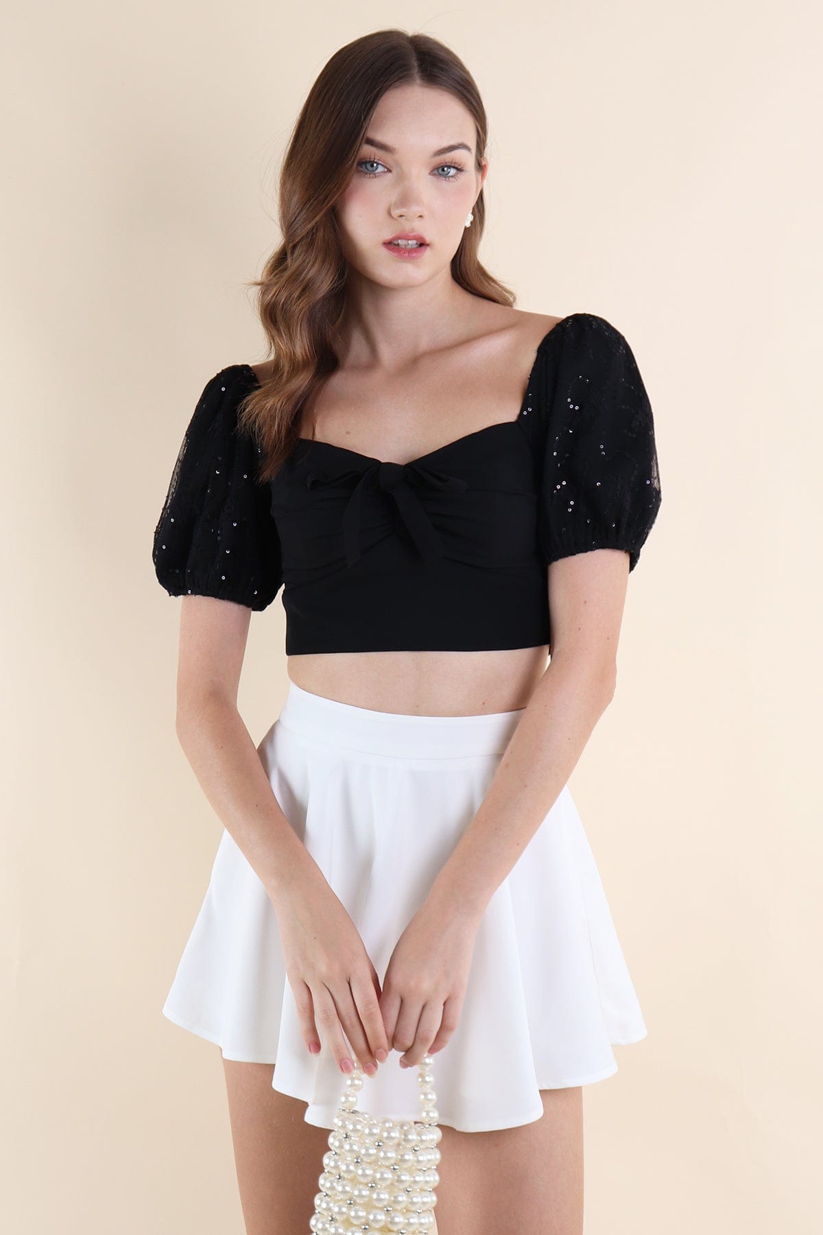 MIRELLE SLEEVED SEQUIN LACE RIBBON TOP IN BLACK | NEONMELLO