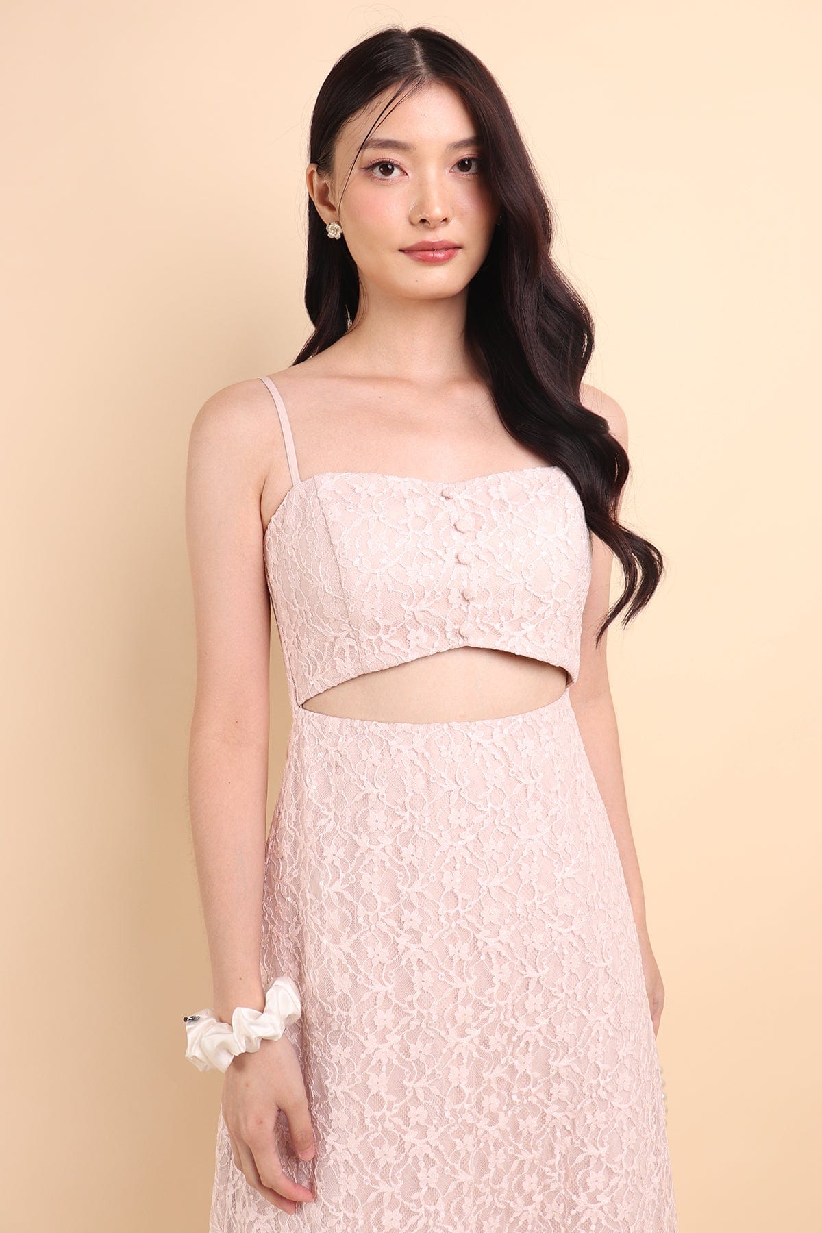 penelope high slit dress PENELOPE LACE CUT-OUT MAXI DRESS IN PINK