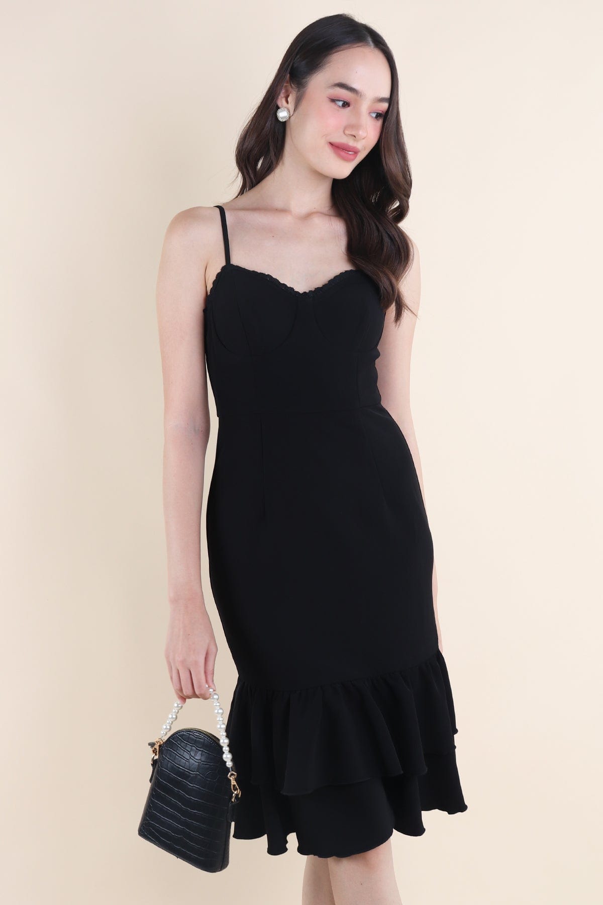 RYLIA BUSTIER RUFFLES DRESS IN BLACK