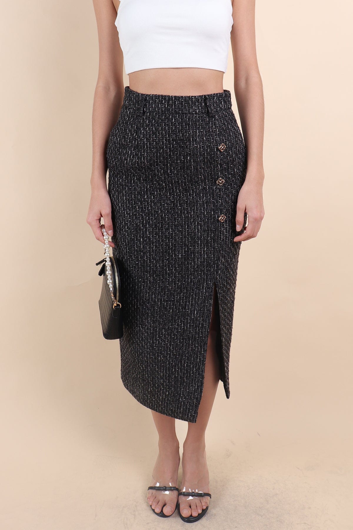 WINSTON TWEED SLIT MIDI SKIRT IN BLACK | NEONMELLO