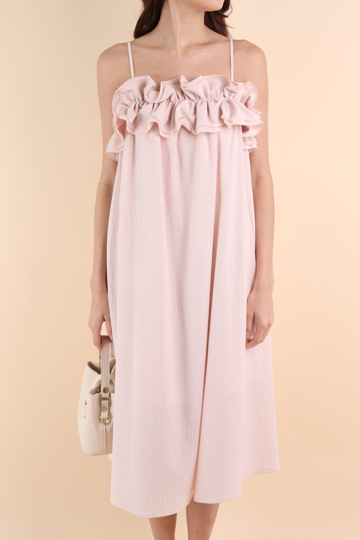 knee length dresses for ladies Doux Pink Ruffled Trim Pleated Midi Dress, XL / Pink main image 1