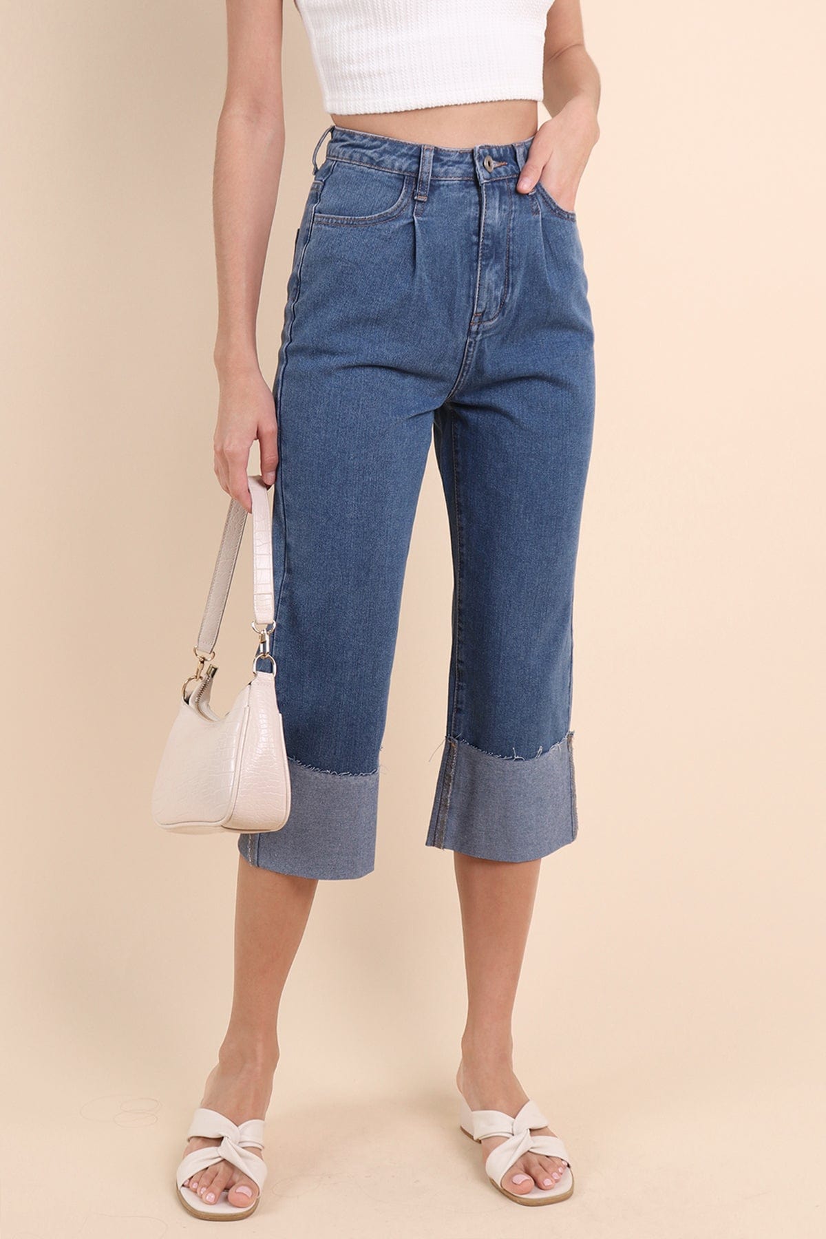 DAMARIS CUFFED DENIM CULOTTES IN DARK WASH NEONMELLO - Main Image