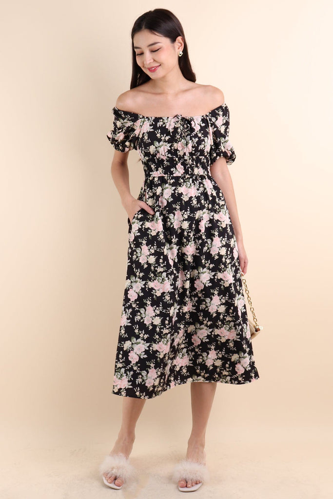 LYLA FLORAL MIDI DRESS IN BLACK