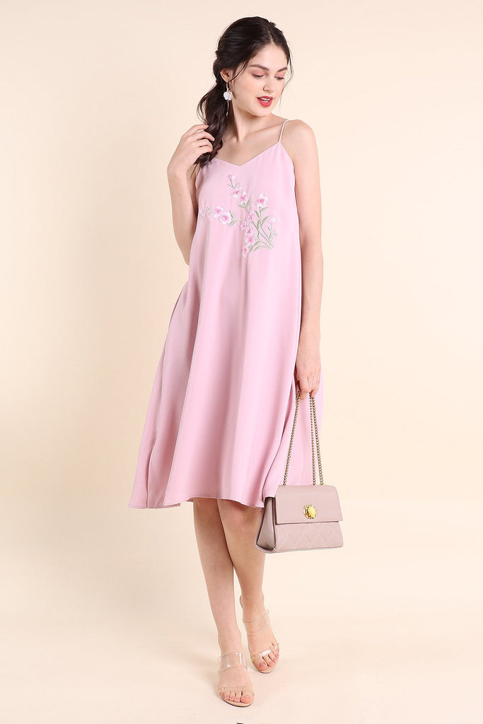 MADEBYNM BLISS FLORAL EMBROIDERY MIDI TRAPEZE DRESS IN PINK [XS/S/M/L]  - NEONMELLO