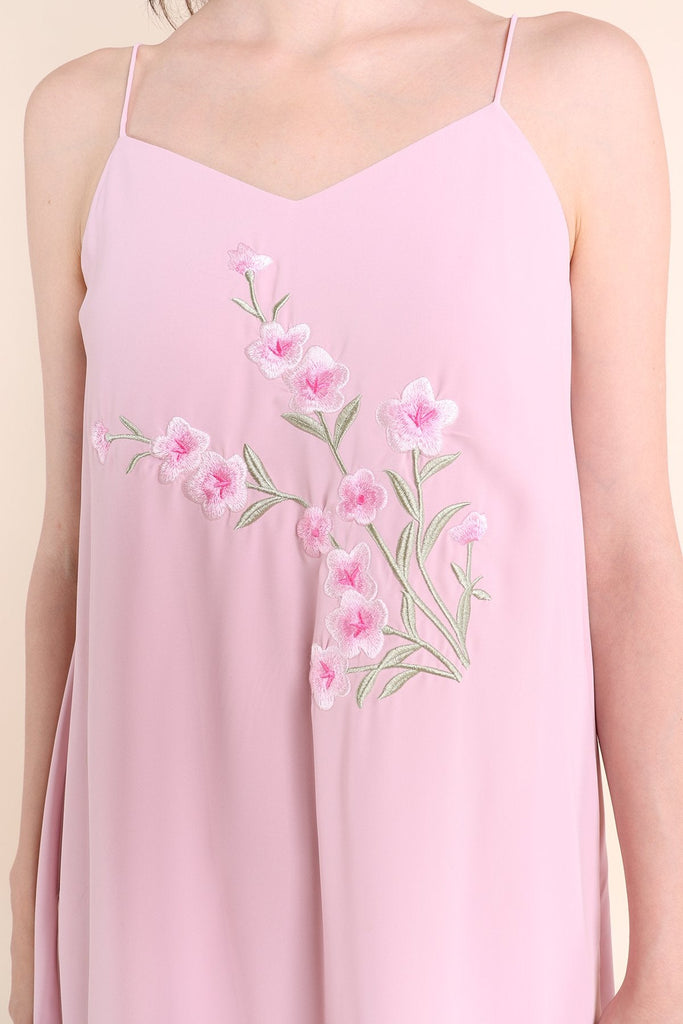 MADEBYNM BLISS FLORAL EMBROIDERY MIDI TRAPEZE DRESS IN PINK [XS/S/M/L]  - NEONMELLO