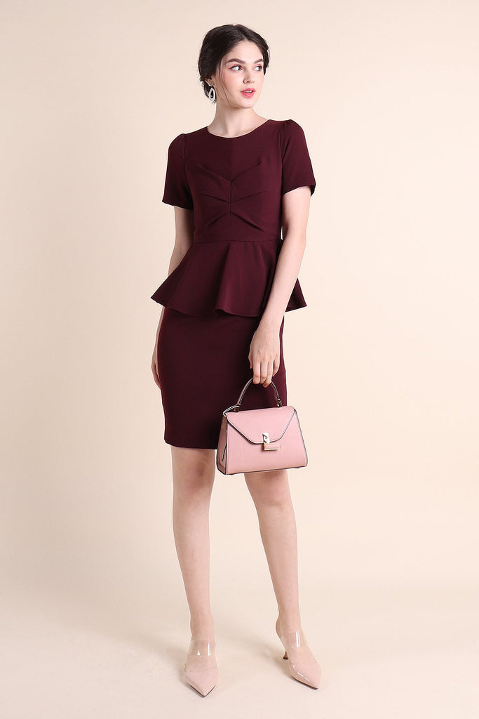 MADEBYNM BRONTE GATHERED PEPLUM FITTED WORK DRESS IN MAROON [XS/S/M/L/XL] - NEONMELLO