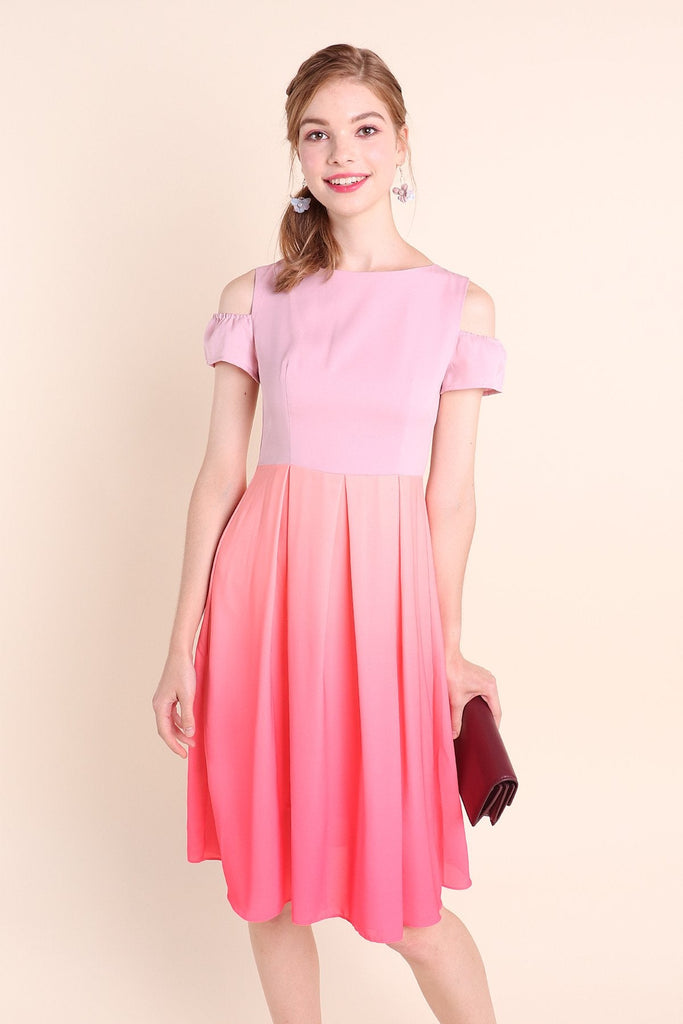 MADEBYNM GWENDOLYN OMBRE COLD SHOULDER MIDI DRESS IN CORAL/PINK [XS/S/M/L/XL] - NEONMELLO