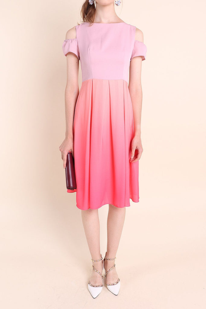 MADEBYNM GWENDOLYN OMBRE COLD SHOULDER MIDI DRESS IN CORAL/PINK [XS/S/M/L/XL] - NEONMELLO