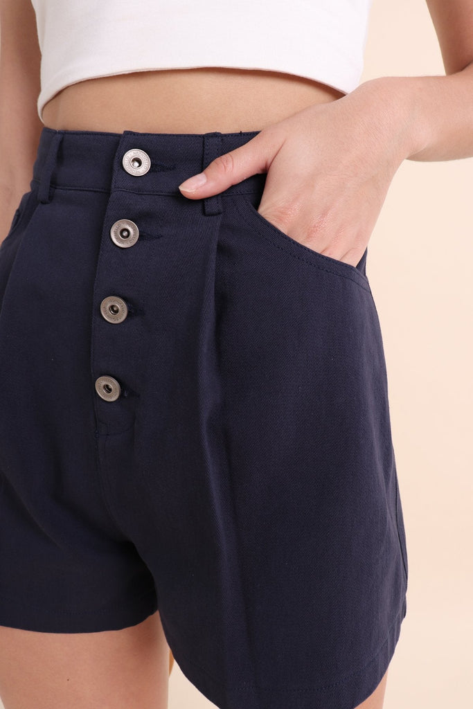 MADEBYNM LORITA BUTTON DOWN DENIM SHORTS IN MIDNIGHT NAVY [XXS/XS/S/M