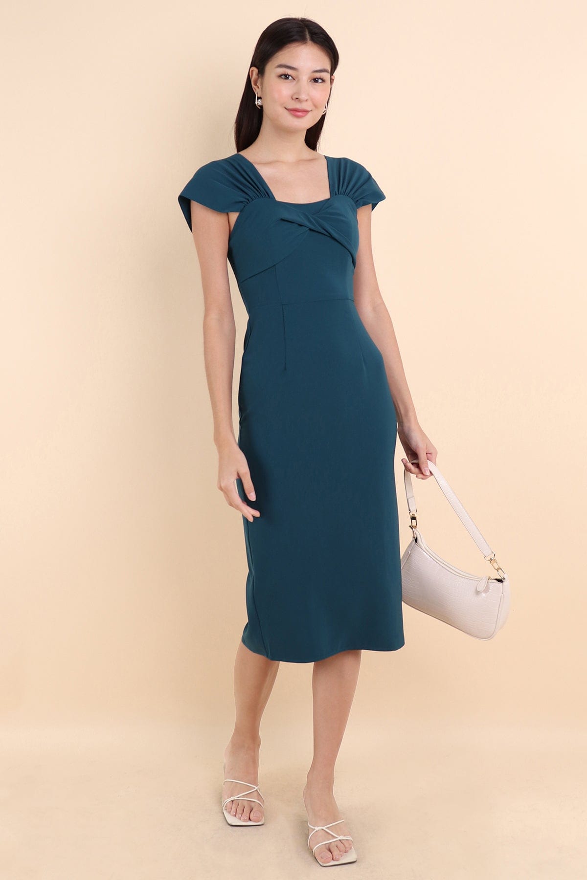 MADISON TWIST-DETAIL WORK DRESS IN TEAL GREEN | NEONMELLO