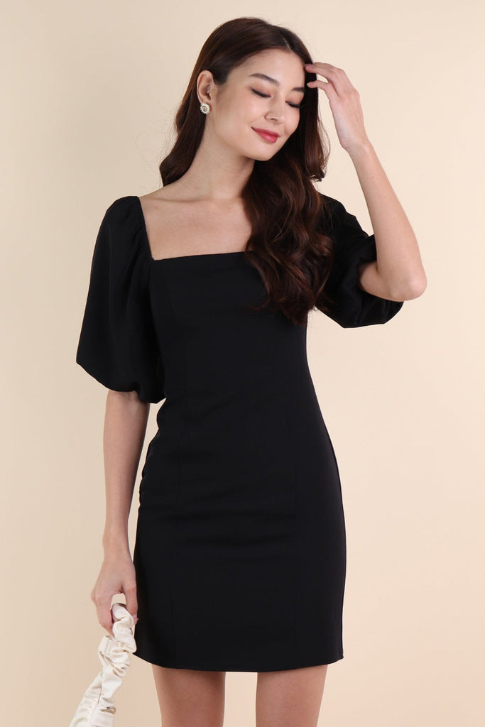 NATTY PUFF SLEEVE WORK DRESS IN BLACK
